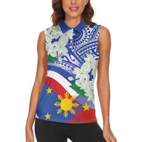 Philippines Flag Women Sleeveless Polo Shirt Sampaguita Jasmine with Polynesian Tribal - Wonder Print Shop