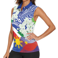 Philippines Flag Women Sleeveless Polo Shirt Sampaguita Jasmine with Polynesian Tribal - Wonder Print Shop