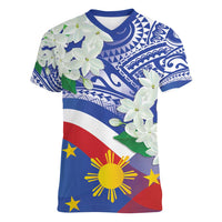 Philippines Flag Women V-Neck T-Shirt Sampaguita Jasmine with Polynesian Tribal - Wonder Print Shop