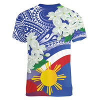 Philippines Flag Women V-Neck T-Shirt Sampaguita Jasmine with Polynesian Tribal - Wonder Print Shop