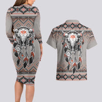 Native American Buffalo Skull Couples Matching Long Sleeve Bodycon Dress and Hawaiian Shirt with Dream Catchers Feathers