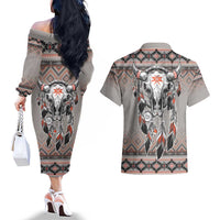 Native American Buffalo Skull Couples Matching Off The Shoulder Long Sleeve Dress and Hawaiian Shirt with Dream Catchers Feathers