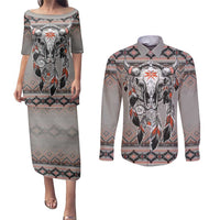 Native American Buffalo Skull Couples Matching Puletasi and Long Sleeve Button Shirt with Dream Catchers Feathers