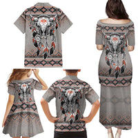 Native American Buffalo Skull Family Matching Puletasi and Hawaiian Shirt with Dream Catchers Feathers