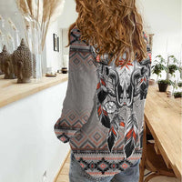 Native American Buffalo Skull Women Casual Shirt with Dream Catchers Feathers