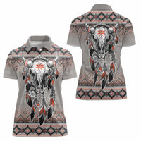Native American Buffalo Skull Women Polo Shirt with Dream Catchers Feathers