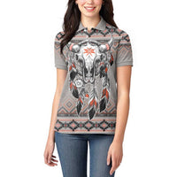 Native American Buffalo Skull Women Polo Shirt with Dream Catchers Feathers