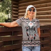 Native American Buffalo Skull Women Polo Shirt with Dream Catchers Feathers