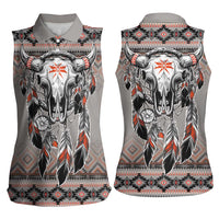 Native American Buffalo Skull Women Sleeveless Polo Shirt with Dream Catchers Feathers