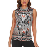Native American Buffalo Skull Women Sleeveless Polo Shirt with Dream Catchers Feathers