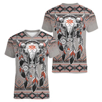 Native American Buffalo Skull Women V-Neck T-Shirt with Dream Catchers Feathers