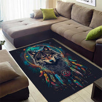 Native American Wolves Area Rug with Dream Catchers Feathers