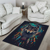 Native American Wolves Area Rug with Dream Catchers Feathers
