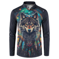 Native American Wolves Button Sweatshirt with Dream Catchers Feathers