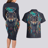 Native American Wolves Couples Matching Long Sleeve Bodycon Dress and Hawaiian Shirt with Dream Catchers Feathers