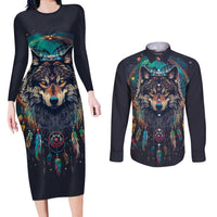 Native American Wolves Couples Matching Long Sleeve Bodycon Dress and Long Sleeve Button Shirt with Dream Catchers Feathers