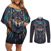 Native American Wolves Couples Matching Off Shoulder Short Dress and Long Sleeve Button Shirt with Dream Catchers Feathers