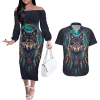 Native American Wolves Couples Matching Off The Shoulder Long Sleeve Dress and Hawaiian Shirt with Dream Catchers Feathers