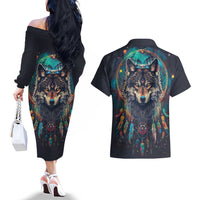 Native American Wolves Couples Matching Off The Shoulder Long Sleeve Dress and Hawaiian Shirt with Dream Catchers Feathers