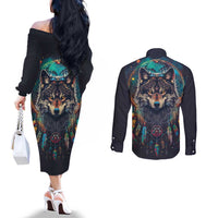 Native American Wolves Couples Matching Off The Shoulder Long Sleeve Dress and Long Sleeve Button Shirt with Dream Catchers Feathers