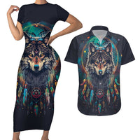 Native American Wolves Couples Matching Short Sleeve Bodycon Dress and Hawaiian Shirt with Dream Catchers Feathers