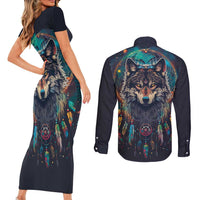 Native American Wolves Couples Matching Short Sleeve Bodycon Dress and Long Sleeve Button Shirt with Dream Catchers Feathers