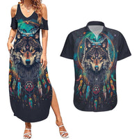 Native American Wolves Couples Matching Summer Maxi Dress and Hawaiian Shirt with Dream Catchers Feathers