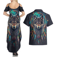 Native American Wolves Couples Matching Summer Maxi Dress and Hawaiian Shirt with Dream Catchers Feathers