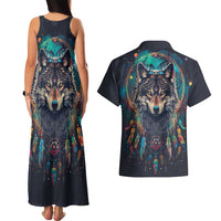 Native American Wolves Couples Matching Tank Maxi Dress and Hawaiian Shirt with Dream Catchers Feathers