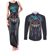 Native American Wolves Couples Matching Tank Maxi Dress and Long Sleeve Button Shirt with Dream Catchers Feathers
