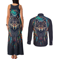 Native American Wolves Couples Matching Tank Maxi Dress and Long Sleeve Button Shirt with Dream Catchers Feathers