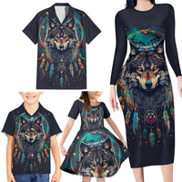Native American Wolves Family Matching Long Sleeve Bodycon Dress and Hawaiian Shirt with Dream Catchers Feathers