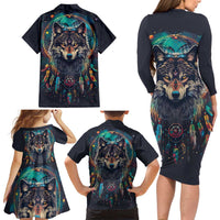 Native American Wolves Family Matching Long Sleeve Bodycon Dress and Hawaiian Shirt with Dream Catchers Feathers