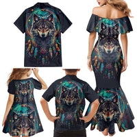 Native American Wolves Family Matching Mermaid Dress and Hawaiian Shirt with Dream Catchers Feathers