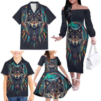 Native American Wolves Family Matching Off The Shoulder Long Sleeve Dress and Hawaiian Shirt with Dream Catchers Feathers