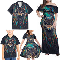 Native American Wolves Family Matching Off Shoulder Maxi Dress and Hawaiian Shirt with Dream Catchers Feathers