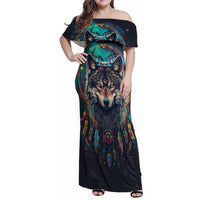 Native American Wolves Family Matching Off Shoulder Maxi Dress and Hawaiian Shirt with Dream Catchers Feathers