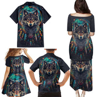 Native American Wolves Family Matching Puletasi and Hawaiian Shirt with Dream Catchers Feathers