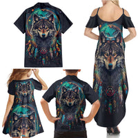 Native American Wolves Family Matching Summer Maxi Dress and Hawaiian Shirt with Dream Catchers Feathers