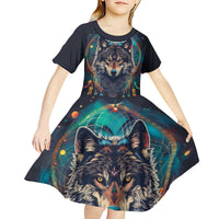 Native American Wolves Kid Short Sleeve Dress with Dream Catchers Feathers