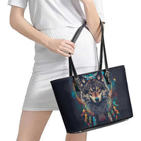 Native American Wolves Leather Tote Bag with Dream Catchers Feathers