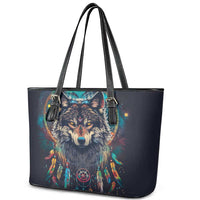 Native American Wolves Leather Tote Bag with Dream Catchers Feathers