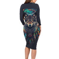 Native American Wolves Long Sleeve Bodycon Dress with Dream Catchers Feathers
