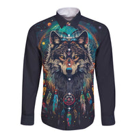 Native American Wolves Long Sleeve Button Shirt with Dream Catchers Feathers