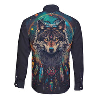 Native American Wolves Long Sleeve Button Shirt with Dream Catchers Feathers