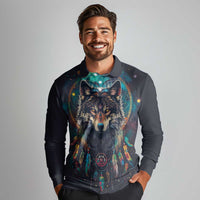 Native American Wolves Long Sleeve Polo Shirt with Dream Catchers Feathers
