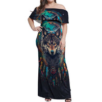 Native American Wolves Off Shoulder Maxi Dress with Dream Catchers Feathers
