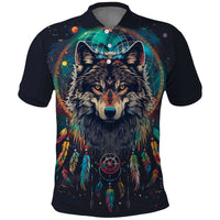 Native American Wolves Polo Shirt with Dream Catchers Feathers