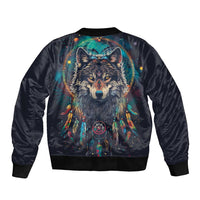 Native American Wolves Sleeve Zip Bomber Jacket with Dream Catchers Feathers