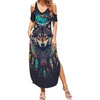 Native American Wolves Summer Maxi Dress with Dream Catchers Feathers
